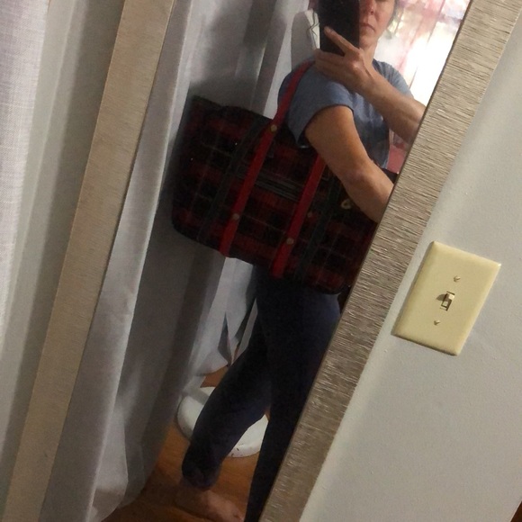 Vintage Tote-Red & Black Plaid-Fabric/PVC-Open Top-Large size - Picture 17 of 17